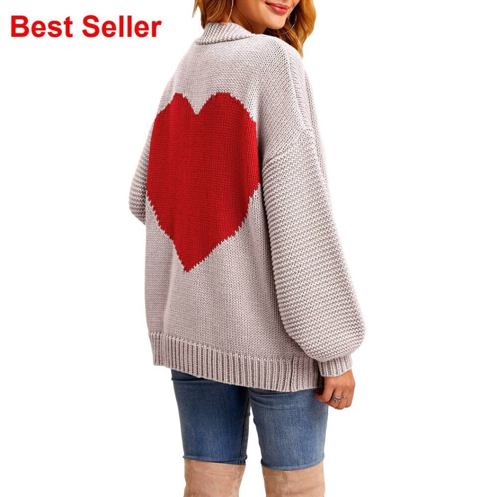 Oversized Heart Print Open Front Cardigan Sweater Casual Loose Outwear